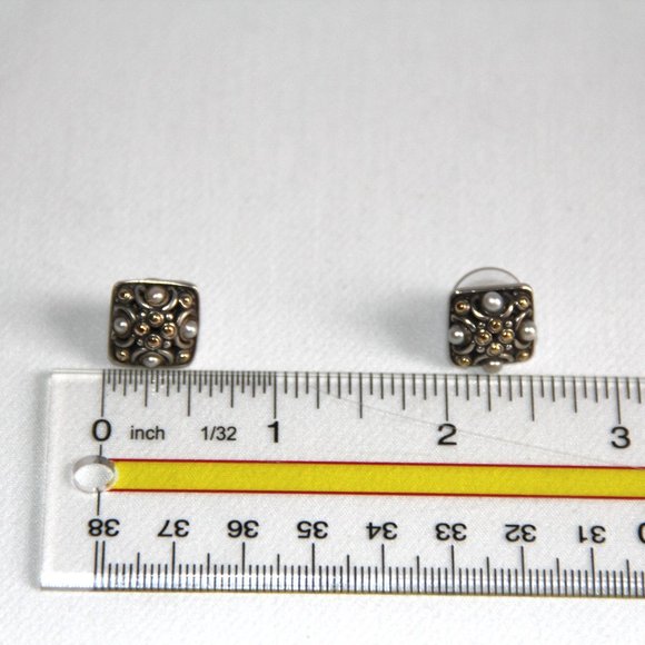 John Hardy Jaisalmer 18k Gold Sterling Silver Pearl Dot Square Earrings. RARE - Picture 12 of 12